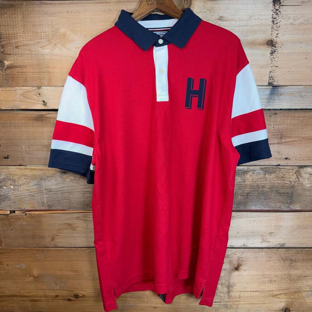 Tommy Hilfiger Men's Red and Navy Blue Colorblocked Polo Shirt with Large 'H' XL